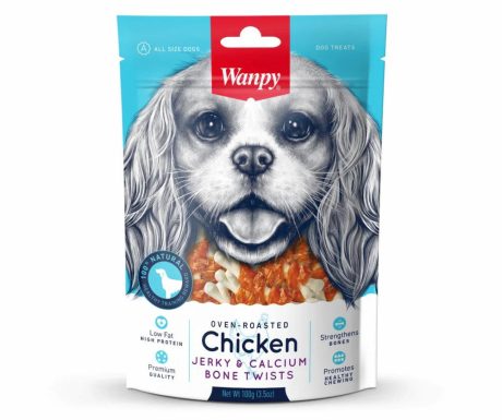 Wanpy Dog Treat Chicken Jerky & Calcium Bone Twists 100g
